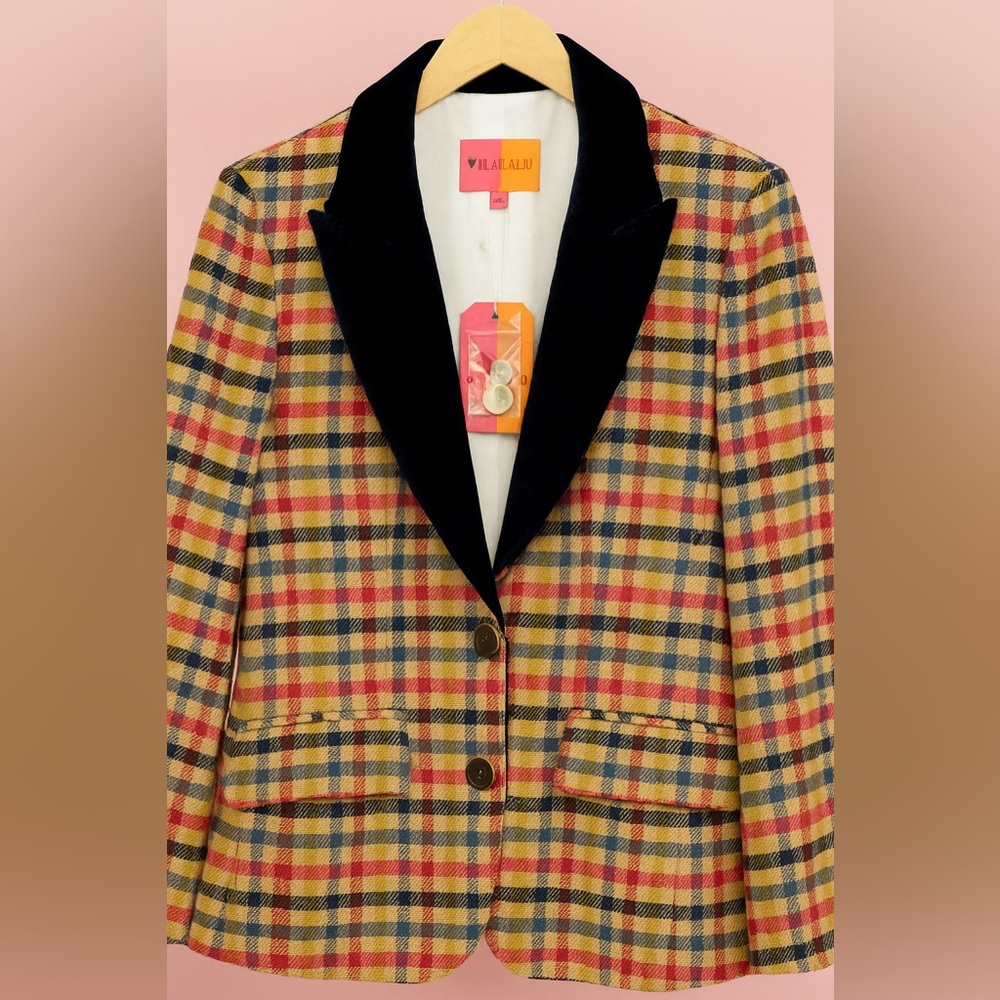 Vilagallo Plaid Blazer‎ with Blue Velvet Collar